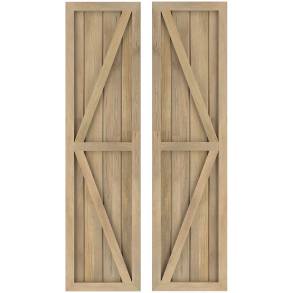 Ekena Millwork Americraft 4-Board Wood 2 Equal Panel Frmd Board-n-Batten Shutters w/Dubl Z-Bar, ARW102BF414X59UNH, PR - ARW102BF414X59UNH
