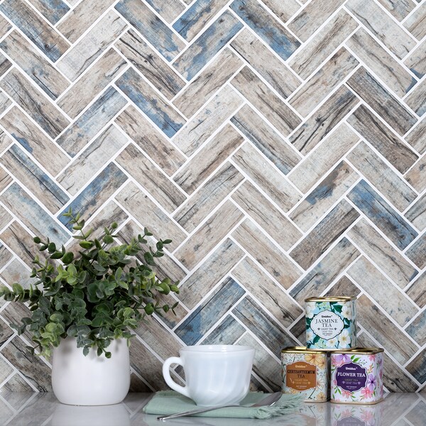 Apollo Tile Sample of Blue/Beige Herringbone 11"X12.6" Recycled Glass Mosaic Tile - APLNNC9906BLEC35 SAMPLE