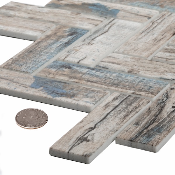 Apollo Tile Sample of Blue/Beige Herringbone 11"X12.6" Recycled Glass Mosaic Tile - APLNNC9906BLEC35 SAMPLE