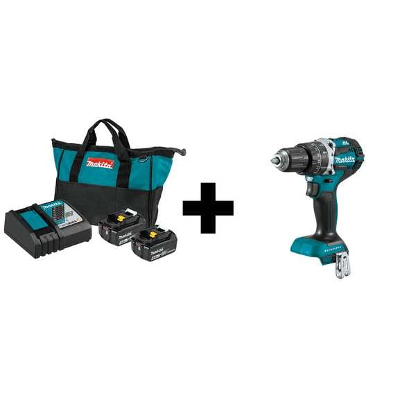 Makita Cordless Hammer Drill, Voltage 18V, Chuck Size 1/2 in, Include Batteries (4.0 Ah) & Charger - XPH12Z + BL1840BDC2
