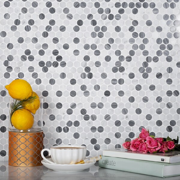 Apollo Tile Sample, Carrara & Bardiglio Mix Penny 11.3"x12" Marble Mosaic Tile - APLSE99P06PEC47 SAMPLE