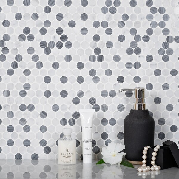 Apollo Tile Sample, Carrara & Bardiglio Mix Penny 11.3"x12" Marble Mosaic Tile - APLSE99P06PEC47 SAMPLE