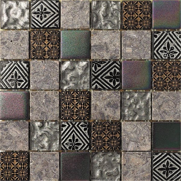 Intrend Tile 2 x 2 Hand Color Stone And Glass Square Gray With Gold And Sliver Accent - HC005-B