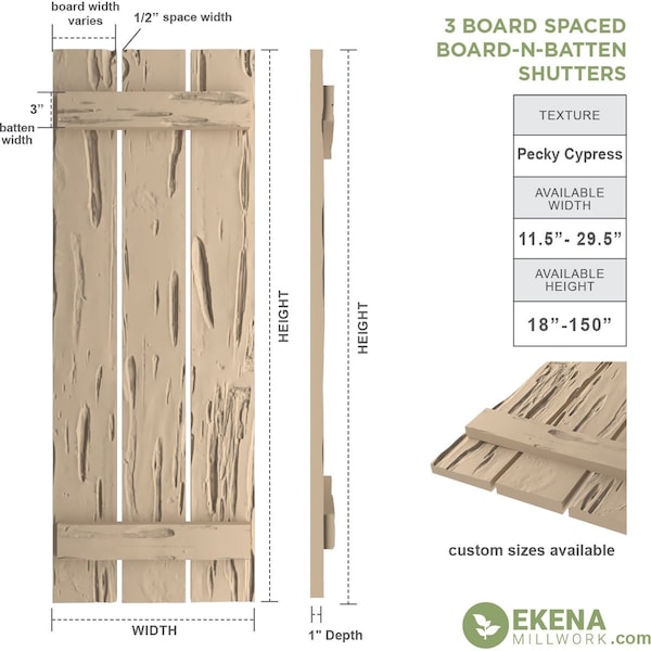 Ekena Millwork Rustic Three Board Spaced Board-n-Batten Pecky Cypress Faux Wood Shutters, 17 1/2"W x 26"H - SHUBSS17X26PCPR