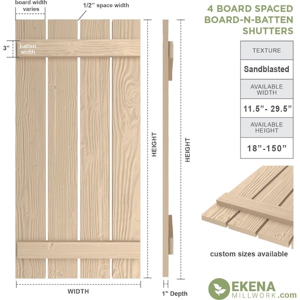 Ekena Millwork Rustic Four Board Spaced Board-n-Batten Sandblasted Faux Wood Shutters, 23 1/2W x 34H, PR - SHUBSS23X34SDPR