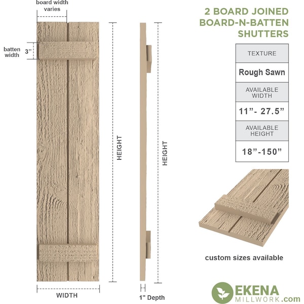 Ekena Millwork Rustic Two Board Joined Board-n-Batten Rough Sawn Faux Wood Shutters, 11W x 64H, PR - SHUBJS11X64RSPR