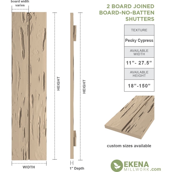 Ekena Millwork Rustic Two Board Joined Board-n-Batten Pecky Cypress Faux Wood Shutters w/No Batten, 11"W x 44"H - SHUBJN11X44PCPR