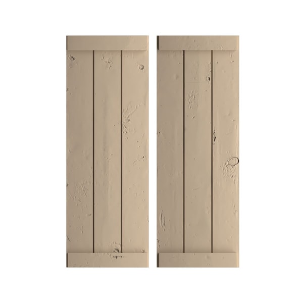 Ekena Millwork Rustic Three Board Joined Board-n-Batten Knotty Pine Faux Wood Shutters w/End Batten, 16 1/2"Wx24"H - SHUBJE16X24KPPR