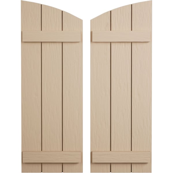 Ekena Millwork Rough Sawn 3 Board Joined Board-n-Batten w/Elliptical Top Faux Wood Shutters, 16 1/2W x 26H, PR - SHUBJL16X26RSPR