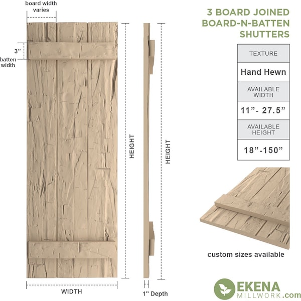 Ekena Millwork Rustic Three Board Joined Board-n-Batten Hand Hewn Faux Wood Shutters, 16 1/2W x 76H, PR - SHUBJS16X76HHPR