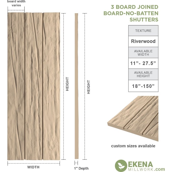 Ekena Millwork Rustic Three Board Joined Board-n-Batten Riverwood Faux Wood Shutters w/No Batten, 16 1/2W x 58H, PR - SHUBJN16X58RWPR