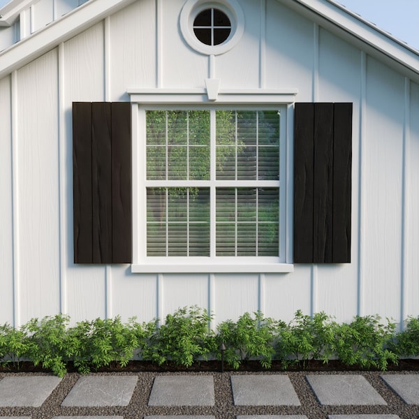 Ekena Millwork Rustic Three Board Joined Board-n-Batten Riverwood Faux Wood Shutters w/No Batten, 16 1/2W x 58H, PR - SHUBJN16X58RWPR