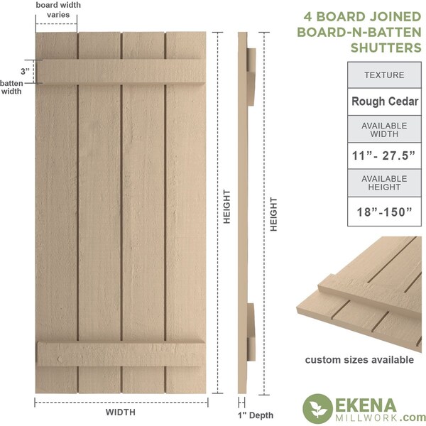 Ekena Millwork Rustic Four Board Joined Board-n-Batten Rough Cedar Faux Wood Shutters, 22W x 88H, PR - SHUBJS22X88RCPR