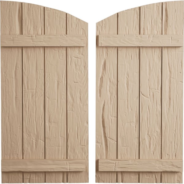 Ekena Millwork Hand Hewn 4 Board Joined Board-n-Batten w/Elliptical Top Faux Wood Shutters, 22W x 26H, PR - SHUBJL22X26HHPR