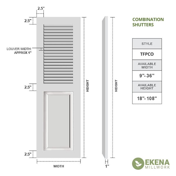 Ekena Millwork True Fit PVC, Combination Louver Panel Shutters, Unfinished, 18W x 24H, PR - TFP101CO18X024UN
