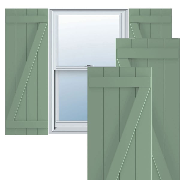 Ekena Millwork True Fit PVC, Four Board Joined Board-n-Batten Shutters w/Z-Bar, Track Green , 21 1/2W x 58H, PR - TFP102BBF21X058TG