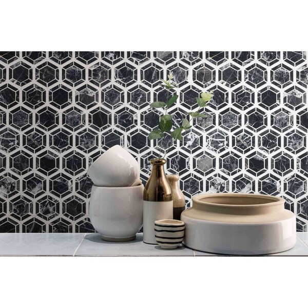 Msi Hexagono Nero 13.25 In. X 11.5 In. X 10Mm Polished Marble Mesh-Mounted Mosaic Tile, 10PK - ZOR-MD-0230
