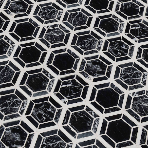 Msi Hexagono Nero 13.25 In. X 11.5 In. X 10Mm Polished Marble Mesh-Mounted Mosaic Tile, 10PK - ZOR-MD-0230
