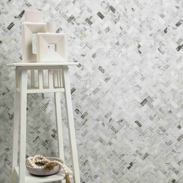 Msi Calacatta Cressa Herringbone 12 In. X 12 In. X 10 Mm Honed Marble Mesh-Mounted Mosaic Tile, 10PK - ZOR-MD-0140