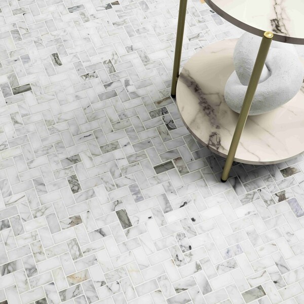 Msi Calacatta Cressa Herringbone 12 In. X 12 In. X 10 Mm Honed Marble Mesh-Mounted Mosaic Tile, 10PK - ZOR-MD-0140