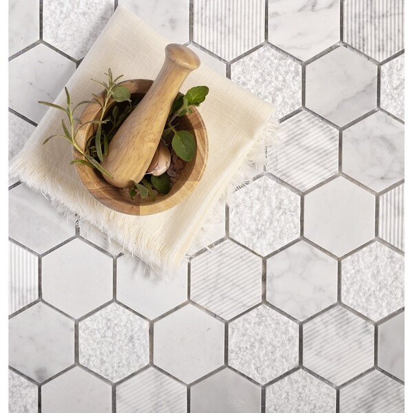 Apollo Tile Harbor Wht, 4.92 sq.ft 11.8 in. X12 in. Txtrd Carrara Hexagon Mrbl Msic Tile, 5PK - APLBL9901CAEC06