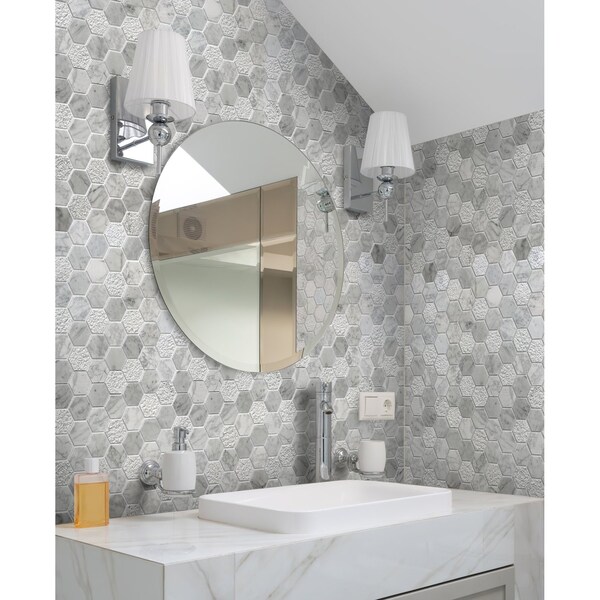 Apollo Tile Harbor Wht, 4.92 sq.ft 11.8 in. X12 in. Txtrd Carrara Hexagon Mrbl Msic Tile, 5PK - APLBL9901CAEC06