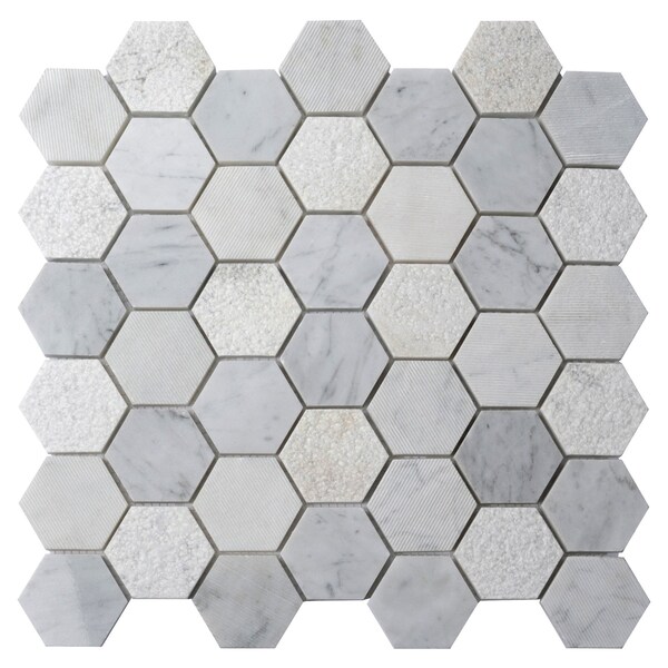 Apollo Tile Harbor Wht, 4.92 sq.ft 11.8 in. X12 in. Txtrd Carrara Hexagon Mrbl Msic Tile, 5PK - APLBL9901CAEC06