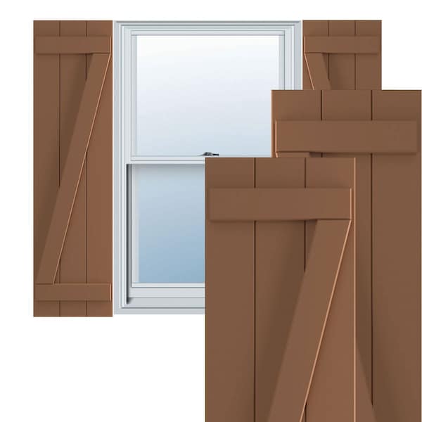 Ekena Millwork True Fit PVC, Three Board Joined Board-n-Batten Shutters w/Z-Bar, Burnt Toffee , 16 1/8W x 59H, PR - TFP102BBF16X059BT