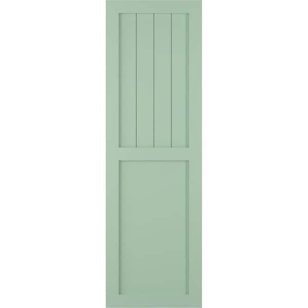 Ekena Millwork True Fit PVC Farmhouse/Flat Panel Combination Fixed Mount Shutters, Seaglass, 15W x 65H, PR - TFP101FC15X065SG