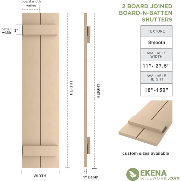 Ekena Millwork Rustic Two Board Joined Board-n-Batten Smooth Faux Wood Shutters (Per Pair), Primed Tan, 11"W x 68"H - SHUBJS11X68SMPR