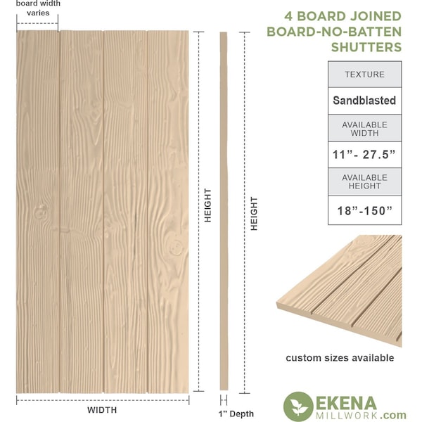 Ekena Millwork Rustic Four Board Joined Board-n-Batten Sandblasted Faux Wood Shutters w/No Batten, 22W x 32H, PR - SHUBJN22X32SDPR