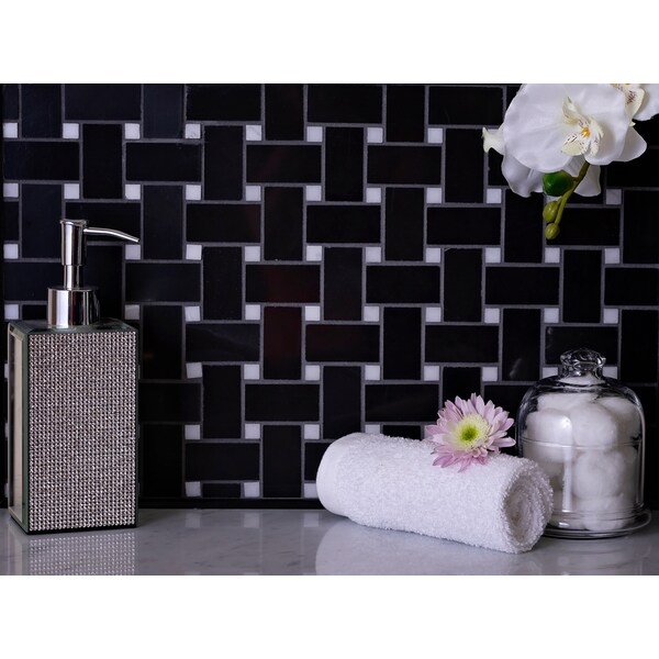 Apollo Tile Sample, Black Basket Weave With White Dots 12"x12" Marble Mosaic Tile - APLTX99B30PEC54 SAMPLE
