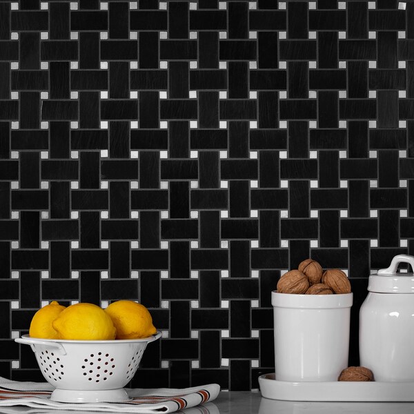 Apollo Tile Sample, Black Basket Weave With White Dots 12"x12" Marble Mosaic Tile - APLTX99B30PEC54 SAMPLE