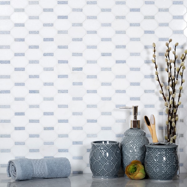 Apollo Tile Sample of Azul Cielo And Thassos 11.2"x11.6" Marble Mosaic Tile - APLMKN9904EC85 SAMPLE