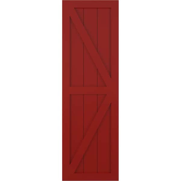Ekena Millwork True Fit PVC Two Equal Panel Farmhouse Fixed Mount Shutters w/ Z-Bar, Fire Red , 12W x 31H, PR - TFP102FH12X031BR