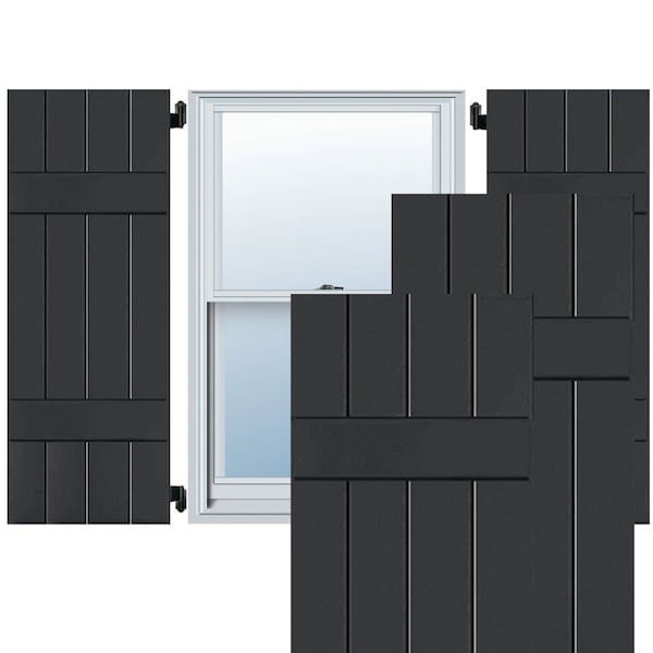 Ekena Millwork 15"W x 64"H Exterior Four Board (2 Batten) Real Wood Pine Board-n-Batten Shutters, Black PR - RWB15X064BLP