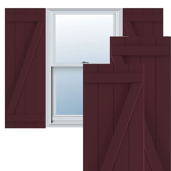 Ekena Millwork True Fit PVC, Four Board Joined Board-n-Batten Shutters w/Z-Bar, Wine Red , 21 1/2W x 73H, PR - TFP102BBF21X073WR