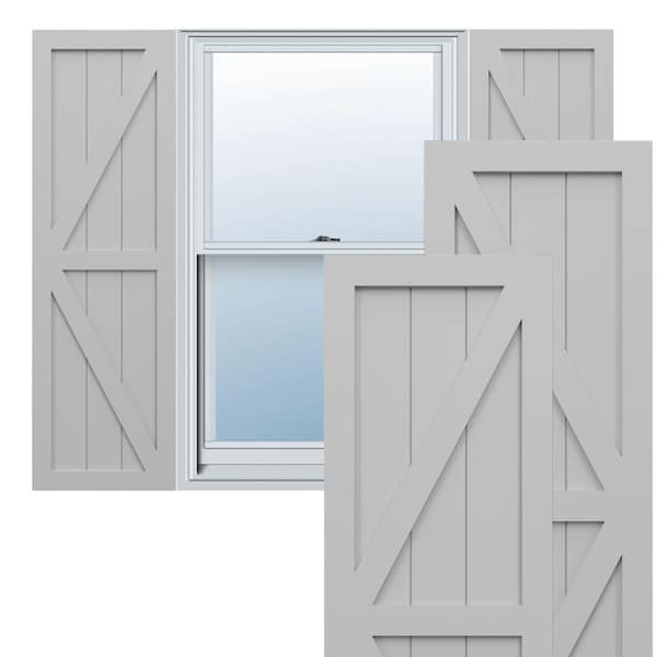 Ekena Millwork True Fit PVC Two Equal Panel Farmhouse Fixed Mount Shutters w/ Z-Bar, Primed , 18"W x 29"H - TFP102FH18X029PR
