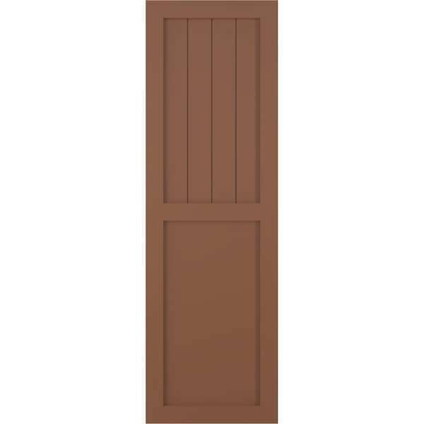 Ekena Millwork True Fit PVC Farmhouse/Flat Panel Combination Fixed Mount Shutters, Burnt Toffee, 18W x 59H, PR - TFP101FC18X059BT