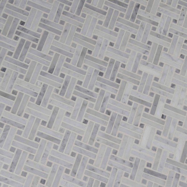 Msi Carrara White Basketweave SAMPLE Polished Marble Mesh-Mounted Mosaic Tile - ZOR-MD-0439-SAM