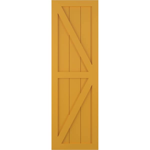 Ekena Millwork True Fit PVC Two Equal Panel Farmhouse Fixed Mount Shutters w/ Z-Bar, Turmeric , 18W x 60H, PR - TFP102FH18X060TU