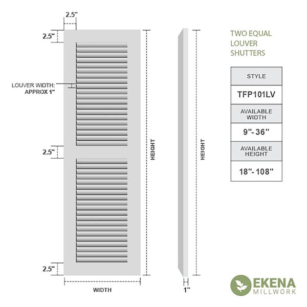 Ekena Millwork True Fit PVC Two Equal Louver Shutters, Starless Night Blue, 18W x 53H, PR - TFP101LVF18X053OB