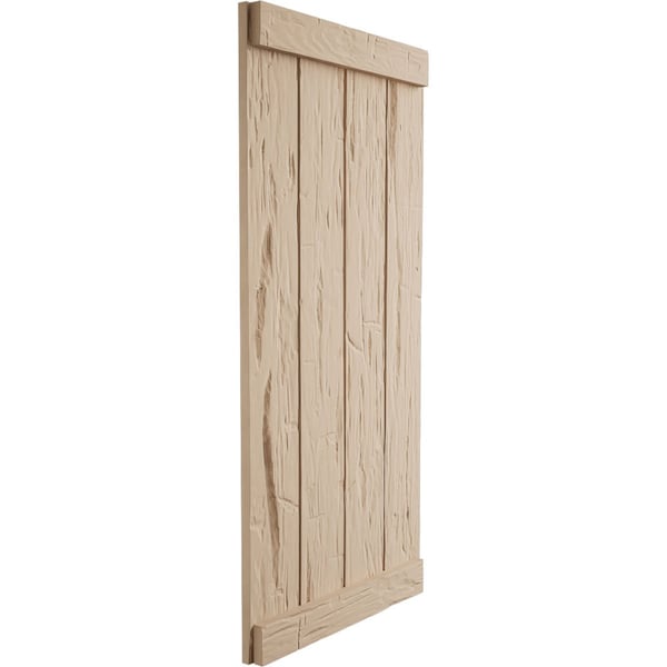 Ekena Millwork Rustic Four Board Joined Board-n-Batten Hand Hewn Faux Wood Shutters w/End Batten, 22W x 70H, PR - SHUBJE22X70HHPR