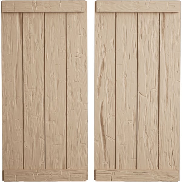 Ekena Millwork Rustic Four Board Joined Board-n-Batten Hand Hewn Faux Wood Shutters w/End Batten, 22W x 70H, PR - SHUBJE22X70HHPR