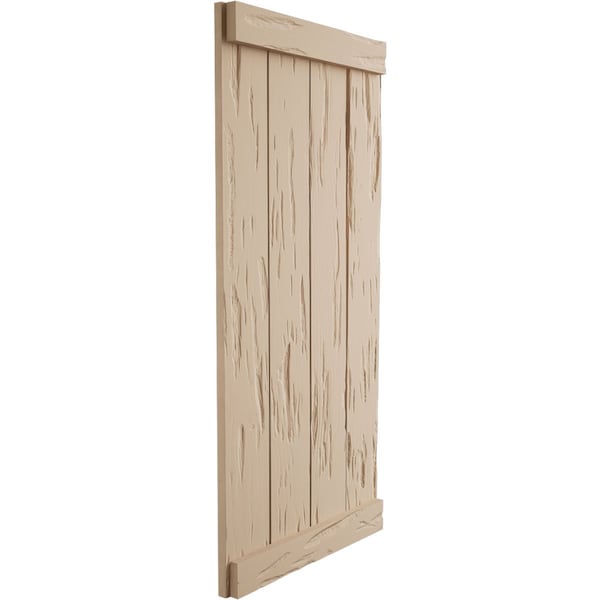 Ekena Millwork Rustic Four Board Joined Board-n-Batten Pecky Cypress Faux Wood Shutters w/End Batten, 22"W x 62"H - SHUBJE22X62PCPR