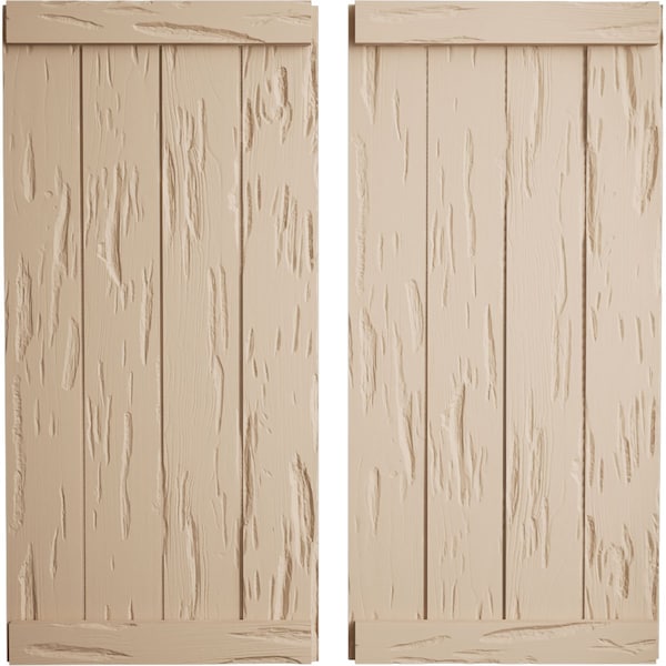 Ekena Millwork Rustic Four Board Joined Board-n-Batten Pecky Cypress Faux Wood Shutters w/End Batten, 22"W x 62"H - SHUBJE22X62PCPR