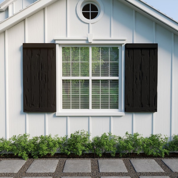 Ekena Millwork Rustic Four Board Joined Board-n-Batten Pecky Cypress Faux Wood Shutters w/End Batten, 22"W x 62"H - SHUBJE22X62PCPR
