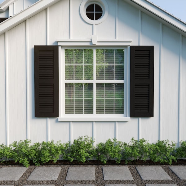 Ekena Millwork Rustic Two Equal Louver Sandblasted Faux Wood Shutters (Per Pair), Primed Tan, 18"W x 36"H - SHULV18X36SDPR