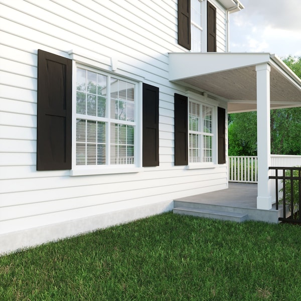 Ekena Millwork Rustic Two Equal Panel Flat Panel Riverwood Faux Wood Shutters (Per Pair), Primed Tan, 15"W x 36"H - SHUFP15X36RWPR