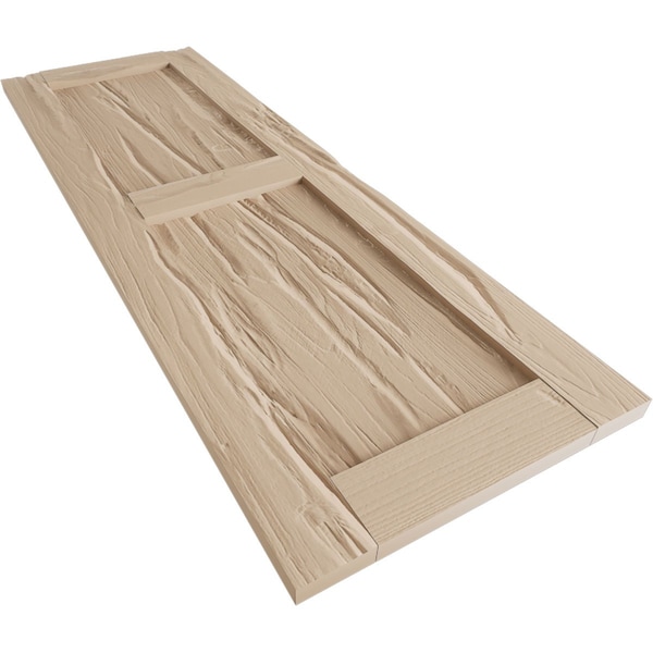 Ekena Millwork Rustic Two Equal Panel Flat Panel Riverwood Faux Wood Shutters (Per Pair), Primed Tan, 15"W x 36"H - SHUFP15X36RWPR